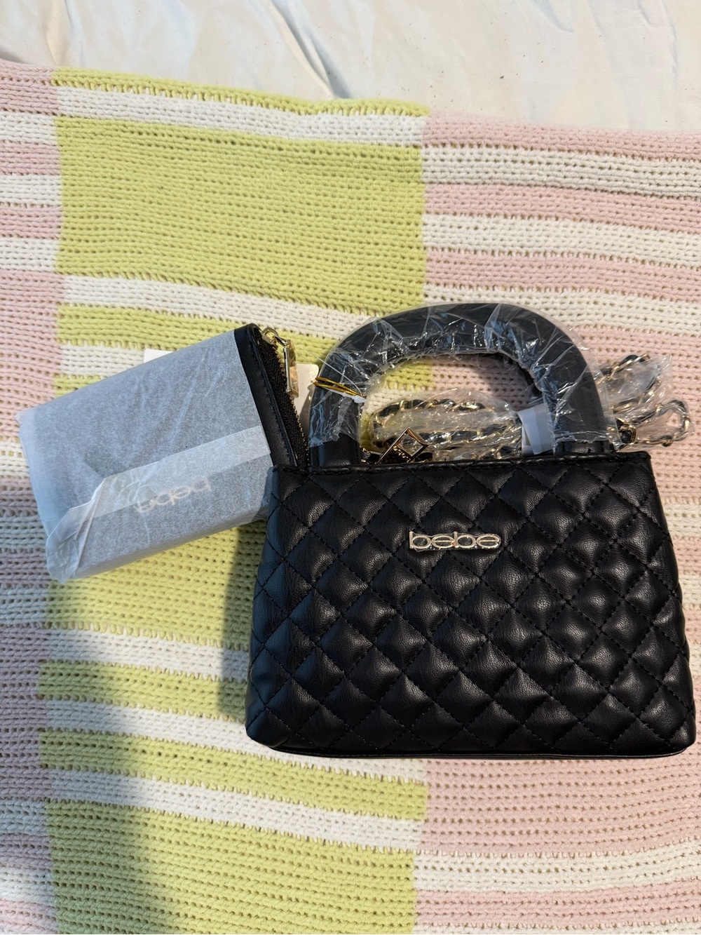 bebe Black Quilted Mini Top-Handle Crossbody with Gold Hardware